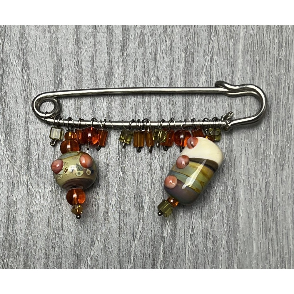Artisan Lampwork Glass Beaded Safety Pin Brooch Scarf Pin Sweater Clip Handmade